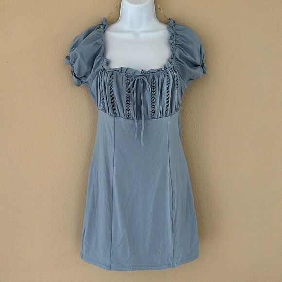 Blashe Puff Sleeve‎ Blue Crochet Mini Dress Women’s Medium - Picture 1 of 9